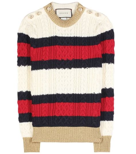 Gucci Striped Wool Cable Knit GG Logo Pearl Button Sweater